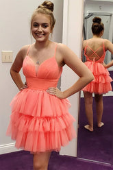 Coral A-line Soft Tulle Backless Homecoming Dresses, Short Prom Dresses