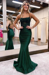 Elastic Satin Beaded Mermaid Spaghetti Straps Prom Dresses