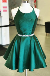 Dark Green Satin Round Neck Homecoming Dresses, Short Prom Dress