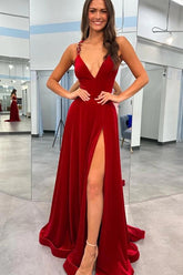 Velvet A-line V-neck Rhinestone Straps Prom Dresses With Slit