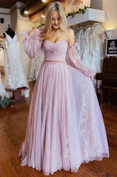 Tulle Two-Pieces Long Sleeves Prom Dresses With Appliques