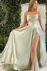 Dusty Sage A-line Cowl Neck Simple Prom Dresses With Slit, Party Dress