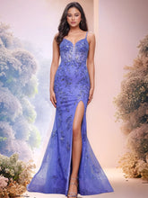 Sheer Bodice Hand Beading Spaghetti Strap Mermaid Evening Dress with Split