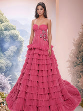 3D Rose Waist Strapless Tiered Ball Gown Evening Dress