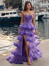 Pleated Sheer Corset Top Strapless Tiered Layered Ball Gown Prom Dress