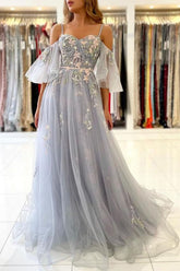 Elegant Blue Tulle A-line Off Shoulder Floral Prom Dresses, Evening Gown
