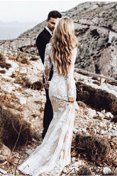 Elegant Boho Lace Mermaid Long Sleeves Wedding Dresses, Bridal Gown