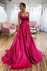 Elegant Hot Pink Satin A-line Spaghetti Straps Prom Dresses, Formal Dress