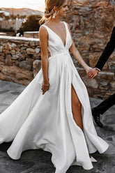 Elegant Satin A-line V-neck Sweep Train Wedding Dresses, Bridal Gown