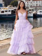 Flower Appliqued Corset Sparkly Lace Ruffle Tiered Prom Dress