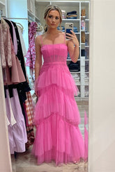 Hot Pink Tiered Tulle Prom Dress