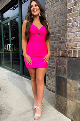 Straps Hot Pink Sheath Short Homecoming Dress