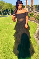Off the Shoulder Black Tiered Tulle Lond Prom Dress