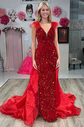 Lilianna | V-Neck Red Sequin Feathers Long Prom Dress with Cape