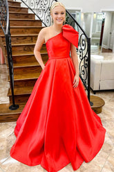 One Shoulder Bow Tie Satin Prom Dress with Pockets