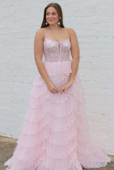 Straps Plunging Neck Pink Sequin Tiered Prom Gown