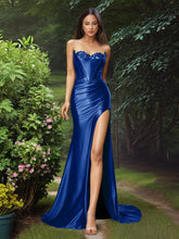 Bodice Strapless Satin Mermaid Long Prom Dress With Split