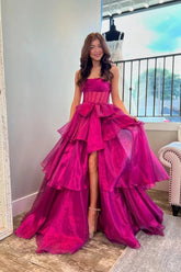 Organza A-line Strapless Ruffle Tiered Prom Dresses With Slit