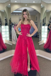 Tulle A-line Scoop Prom Dresses With Appliques, Party Dresses