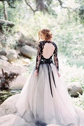 Gorgeous Black Lace A-line V-neck Long Sleeves Wedding Dresses