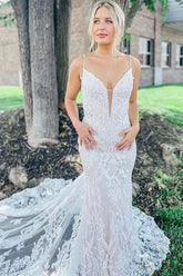 Gorgeous Lace Mermaid Deep V-neck Wedding Dresses, Bridal Gowns