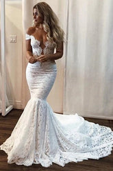 Gorgeous Mermaid Off Shoulder V-neck Court Train Lace Wedding Dresses