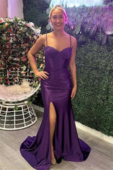 Grape Satin Mermaid Spaghetti Straps Beaded Long Prom Dresses With Slit