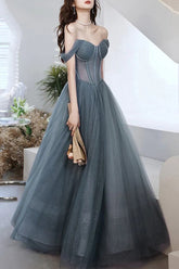 Gray Tulle A-line Off-the-Shoulder Long Prom Dresses, Evening Gowns