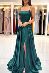 A-line Square Neck Simple Prom Dresses With Slit, Party Dresses
