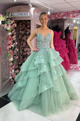 Ball Gown Sweetheart Ruffle Tiered Prom Dresses With Appliques