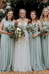 Chiffon One Shoulder Long Bridesmaid Dresses With Sweep Train