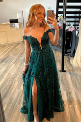 Tulle A-line Off Shoulder Lace Appliques Prom Dresses With Slit,