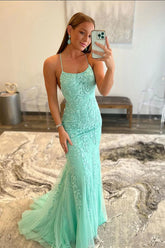Tulle Mermaid Lace Appliques Long Prom Dresses, Evening Dresses
