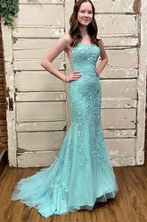 Tulle Mermaid Scoop Neck Lace Up Back Prom Dresses, Party Dress
