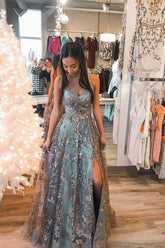 Grey Tulle Sequins Spaghetti Straps Prom Dresses With Slit, Formal Dresses