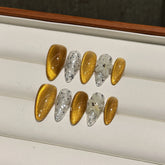 Reusable Almond Press on Nails Handmade Customized Gold 3D Flower Cat Eye Glitter Artificial Fingernails