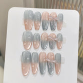 3D Bowknot Gel Nail Art 10pcs Press on Nails Handmade Acrylic Glitter Cat Eye Oval Coffin Nails