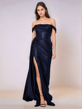 Off Shoulder Bodice Drop Waist Satin Bridesmaid Dress with Slit