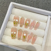 New Design Coffin 3D Art Handmade Tulip Full Cover Press on Nails Long Lasting 10Pcs False Nails