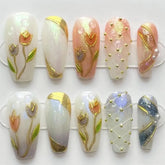 High Quality 3D Nail Art Painting Tulips Flower Press on Nails Set Handmade 10pcs Ballerina Coffin Artificial Nails