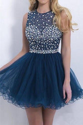 Lace A-line Beaded Halter Sweetheart Short Prom Dress, Cute Homecoming Dresses