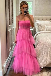 Hot Pink A-line Tiered Tulle Princess Prom Dresses, Long Formal Dresses