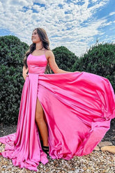 Satin A-line Scoop Long Prom Dresses, Evening Dress With Slit