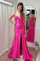 Satin Mermaid Spaghetti Straps Long Prom Dresses With Slit