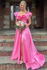 Silky Satin A-line V-neck Long Prom Dresses With Ruffles