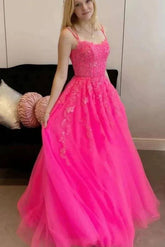 Tulle A-line Scoop Spaghetti Straps Prom Dresses With Appliques