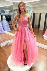 Tulle A Line Lace Appliques Floor Length Prom Dresses With Slit