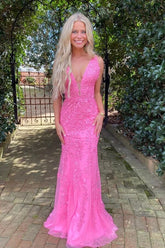 Hot Pink Tulle Mermaid Deep V-neck Prom Dresses With Lace Appliques