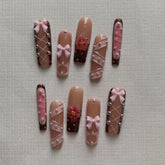 Bow Shaped Long Square NailsCarefully designed pure handmade press-on gel nails