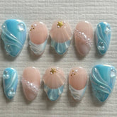 3D Blue Short Almond NailCarefully designed pure handmade press-on gel nails